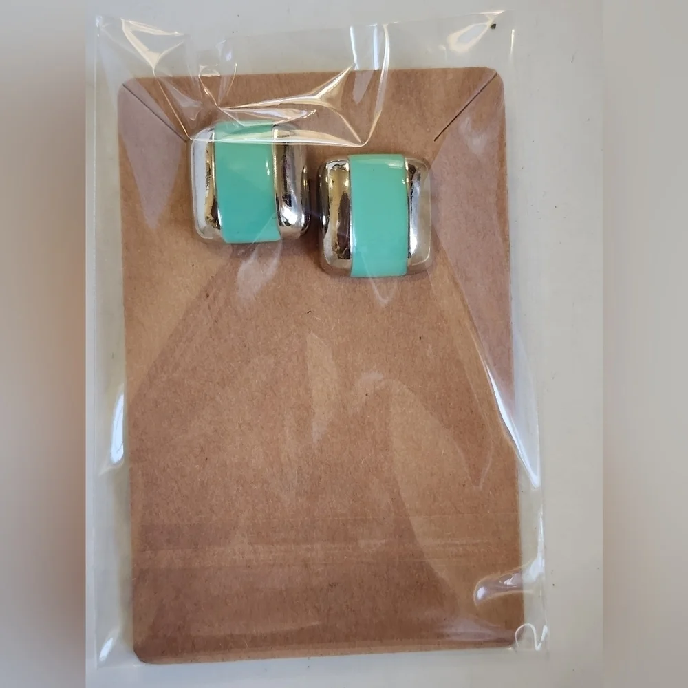 Vintage Avon Silver and Green Enamel Square Stud Earrings